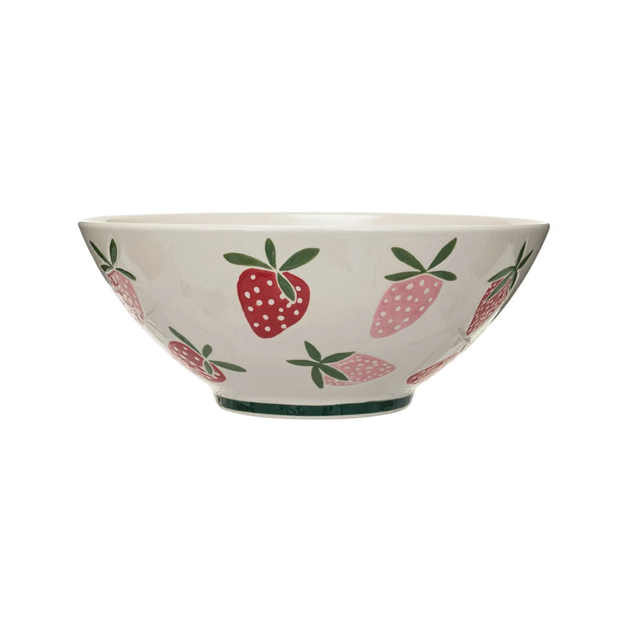 Hand-Painted Stoneware Bowl w/ Wax Relief Strawberries