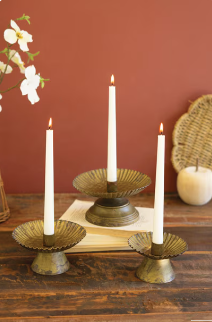 Antique Gold Taper Candle Holders With Fluted Bases