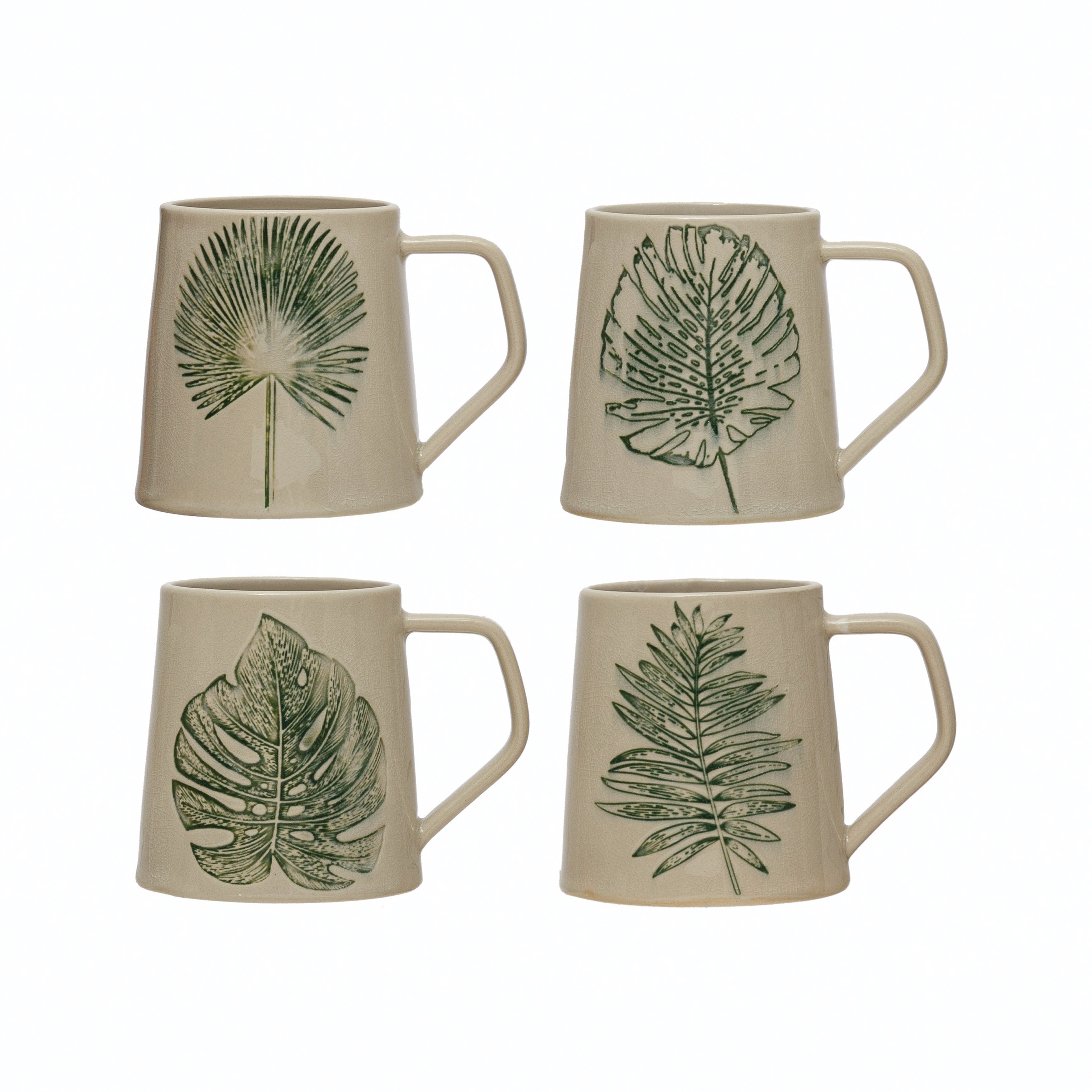 14 oz. Stoneware Mug with Debossed Leaf, Reactive Crackle Glaze, 4 Styles